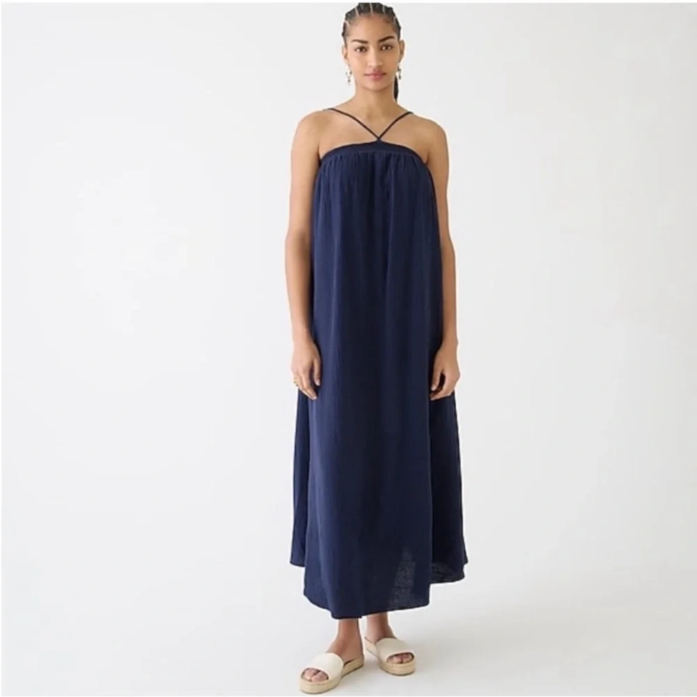 J. Crew Halter Maxi Dress In Soft Gauze Navy Blue 100% Cotton - XS